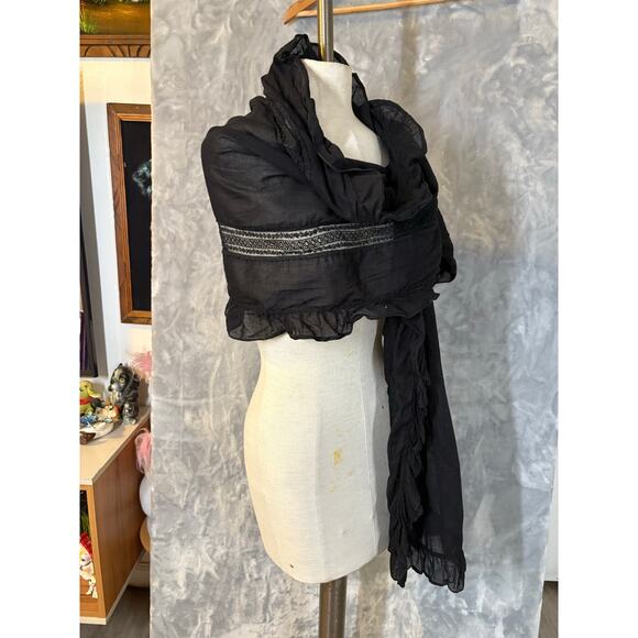 Black Ruffle Victorian Edwardian Whimsygoth Scarf Lace Goth Witchy Wrap 0S Shawl - Picture 3 of 8